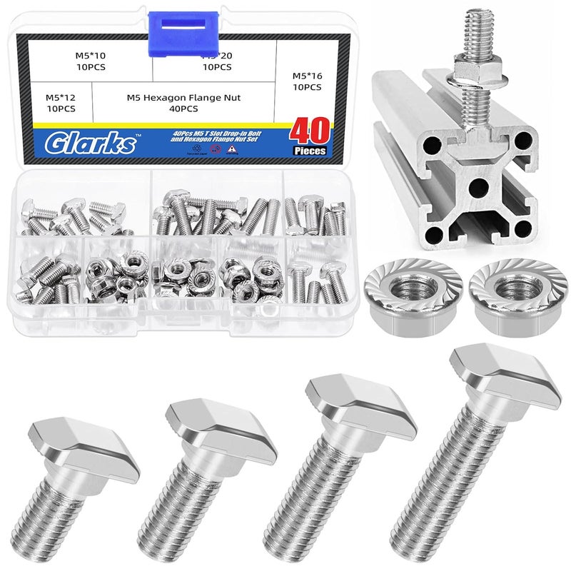 Glarks 80pcs M5 T Slot Drop-in Bolt with Hexagon Flange Nut Set, 10/12/16/20MM Hammer Head T-Bolt, T Shape Stud Sliding Screw, T Screw Stud for European Standard 20 Series Aluminum Profile - Image 1